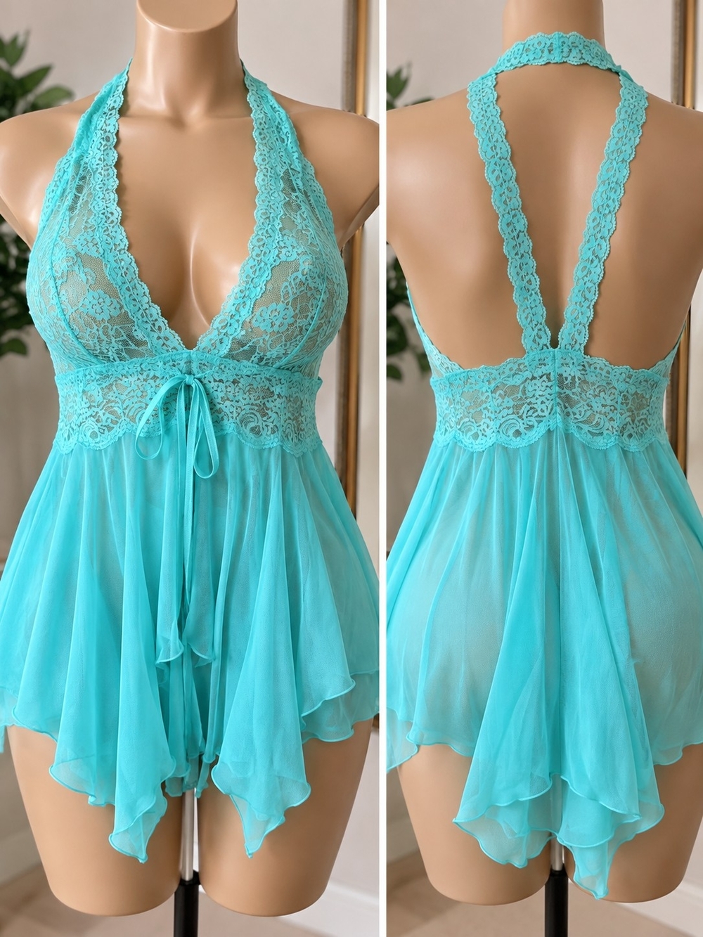 Lace Halter Babydoll Chemise in Aqua Teal